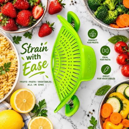 Clip On Pot Strainer for Pots, Pans & Bowls, Silicone Heat Resistant Food Grade Pot Colander, Pasta & Cooking Drainer, Hands-Free Kitchen Strainer with Universal Clip, Dishwasher Safe, Green