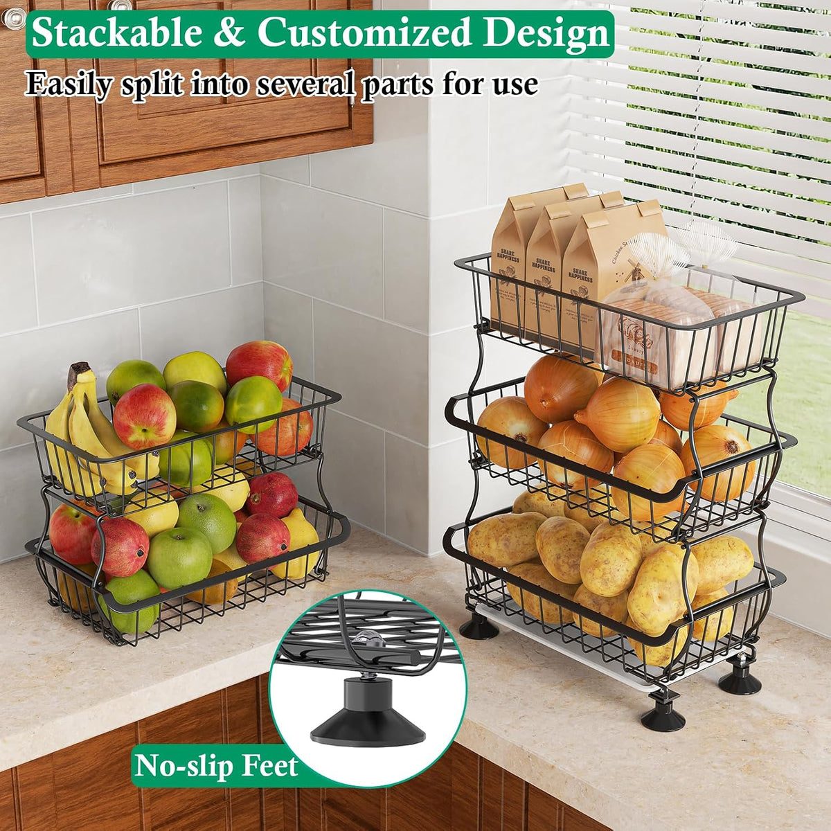 OKZEST 3-Tier Rolling Pantry Floor Organizer and Storage Cart with Wheels, Stackable Wire Pantry Baskets for Pantry Shelves, Kitchen Storage Rack and Fruit Basket Stand for Fruit Snack Onion Potato