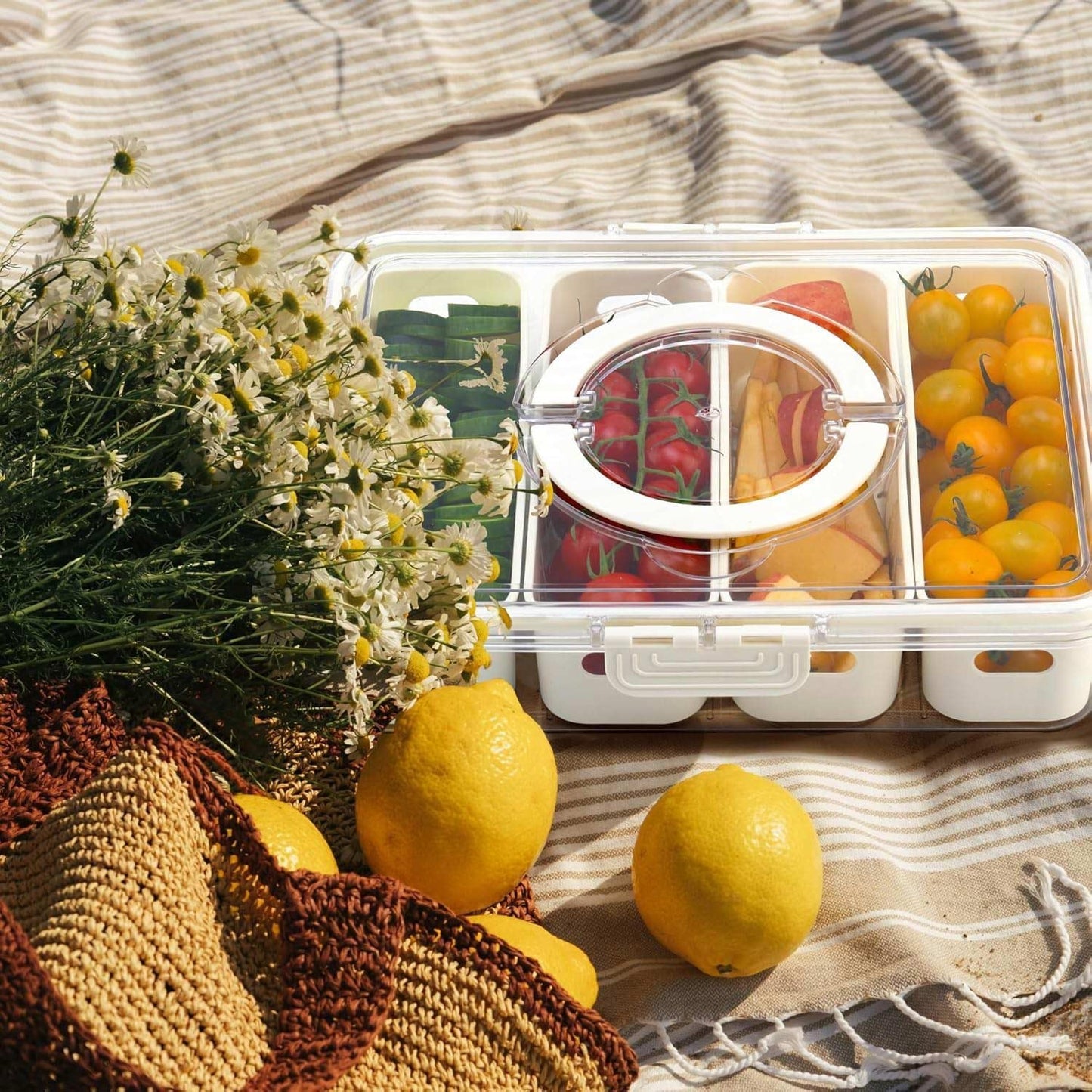 Divided Serving Tray with Lid & Handle| Multi-Purposed Snackle Box Bundle 8ct & 4ct Dividers 20pc Mini Forks| Snackle Box Container for Fruits Nuts Candy Charcuterie Platters Road Trips Picnics