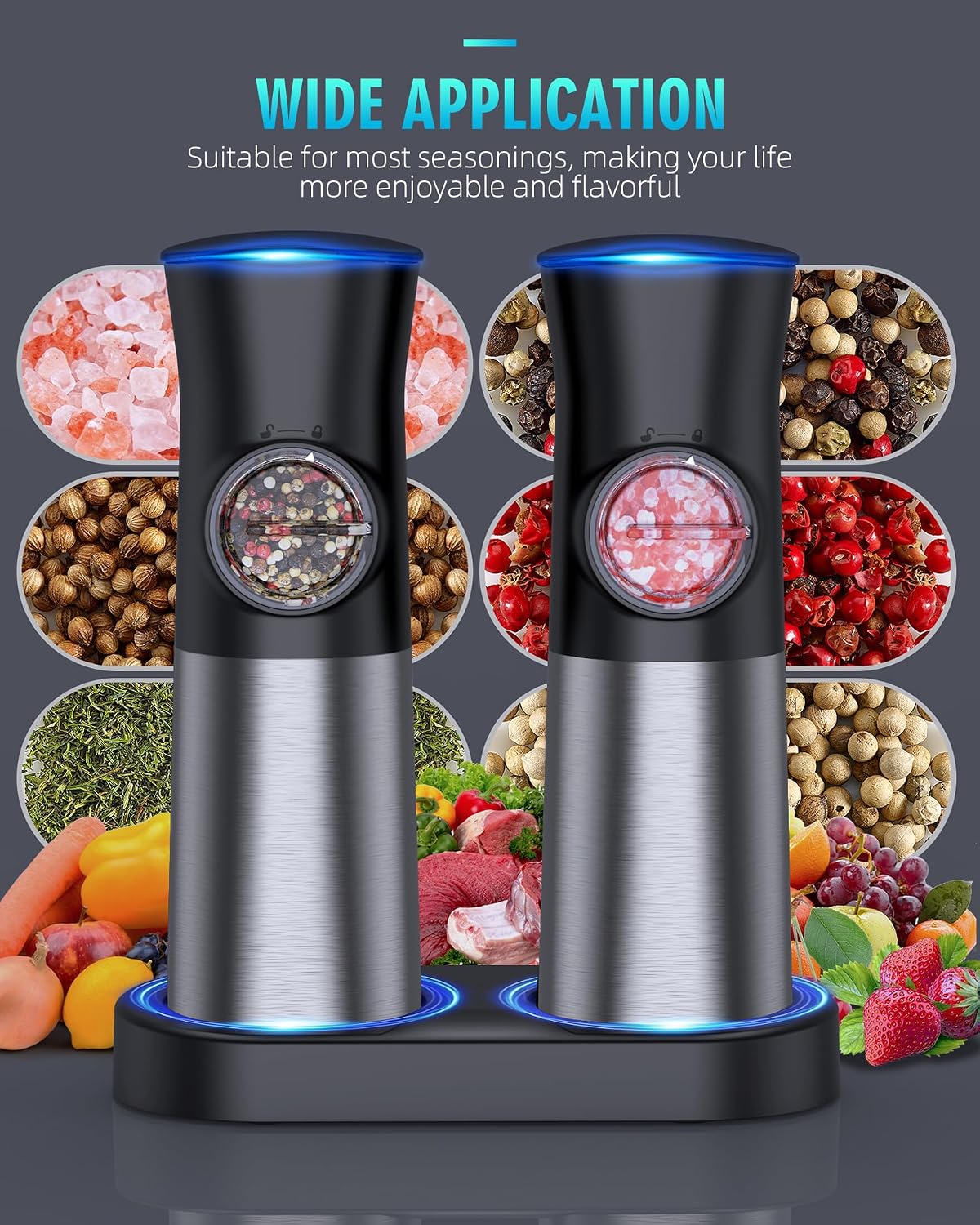 Gravity Electric Salt and Pepper Grinder Set, USB Rechargeable Automatic Salt and Pepper Grinders with Charging Base, Adjustable Coarseness, One-Handed Operation, LED Light, Stainless Steel