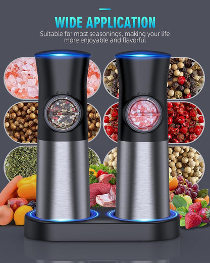 Gravity Electric Salt and Pepper Grinder Set, USB Rechargeable Automatic Salt and Pepper Grinders with Charging Base, Adjustable Coarseness, One-Handed Operation, LED Light, Stainless Steel