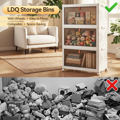 LDQ 136Qt Large Storage Bins with Lids, 4 Tier Stackable Storage Cabinet with Wheels & Clear Doors, Foldable Plastic Closet Organizer for Bedroom, Bathroom & Kitchen