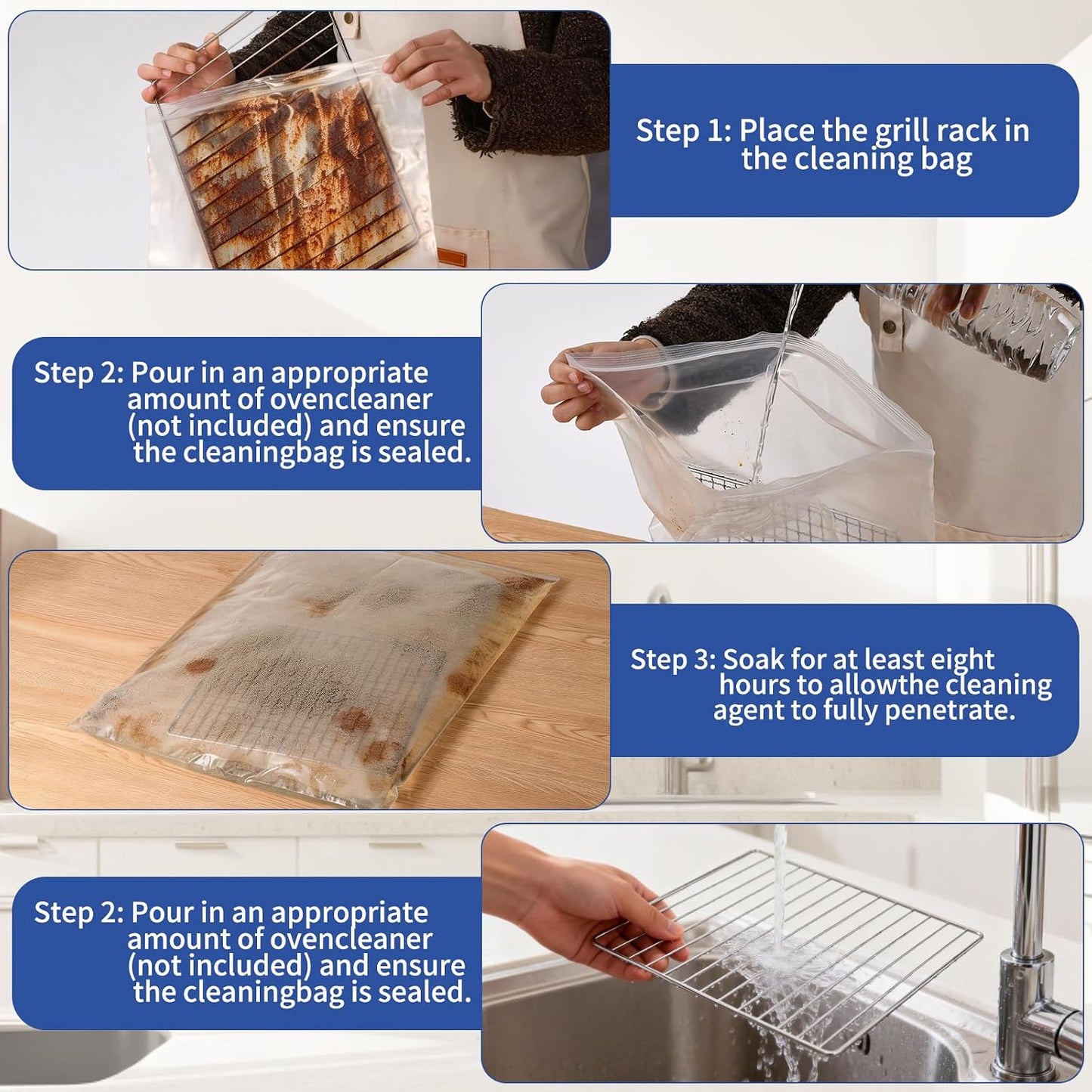 5 Pack Heavy Duty Reusable Oven Rack Cleaner Bags, Leak-Resistant PE Bags for Deep Soaking Grill Grates & BBQ Racks, No Cleaner Included