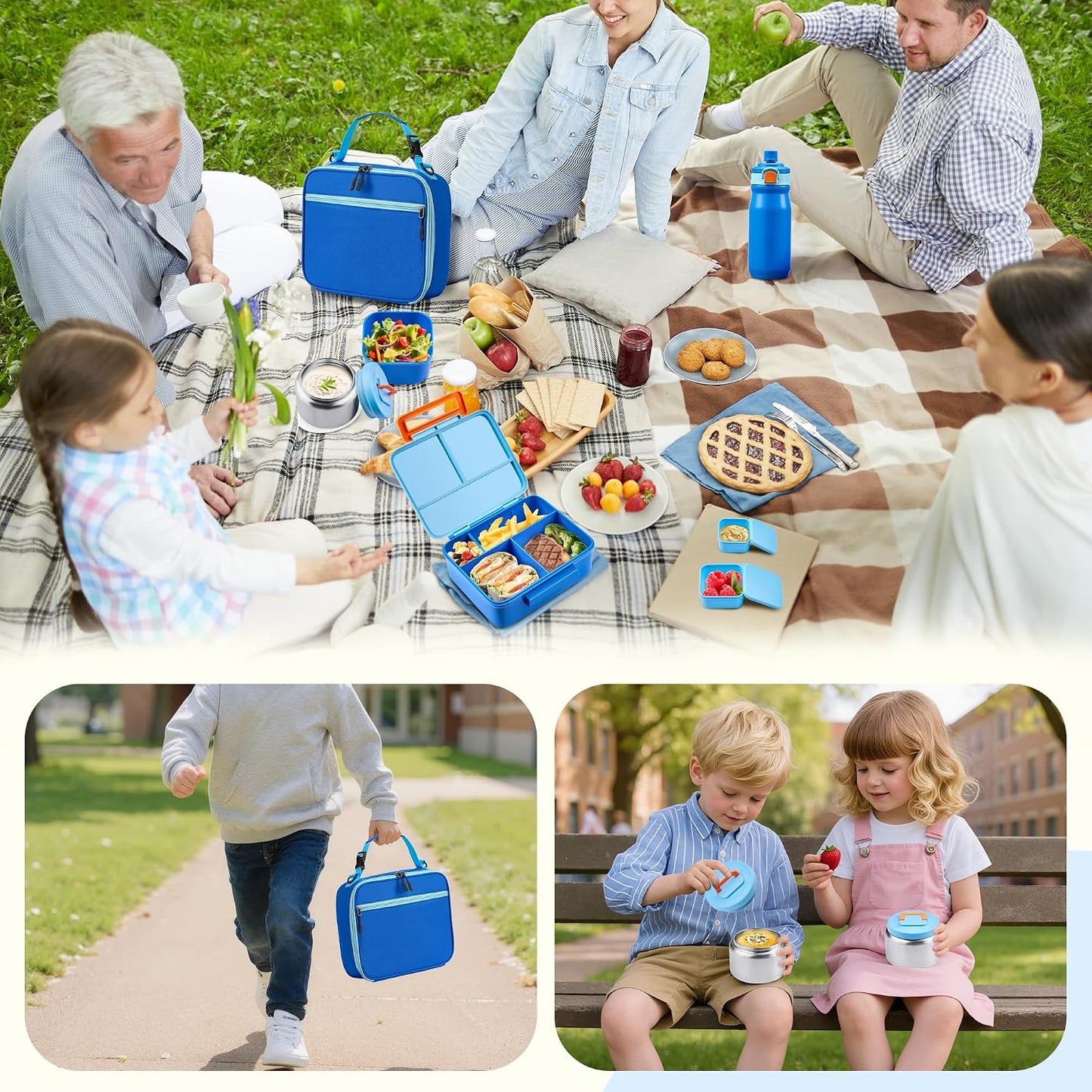 MAISON HUIS Bento Box for Kids with 8oz Soup Thermo, Leak-proof Lunch Food Containers with 5 Compartment, Insulated Lunch Bag & 17oz Stainless Steel Water Bottle for School, Trvael
