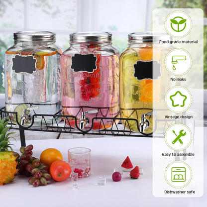 Lallisa 3 Pcs 2 Gallon Glass Drink Dispenser with Stand and Lid Mason Jar Beverage Dispenser with Stainless Steel Spigot, Hanging Chalkboard Signs, Fruit Infuse, Ice Cylinder, Liquid Pen (Black)