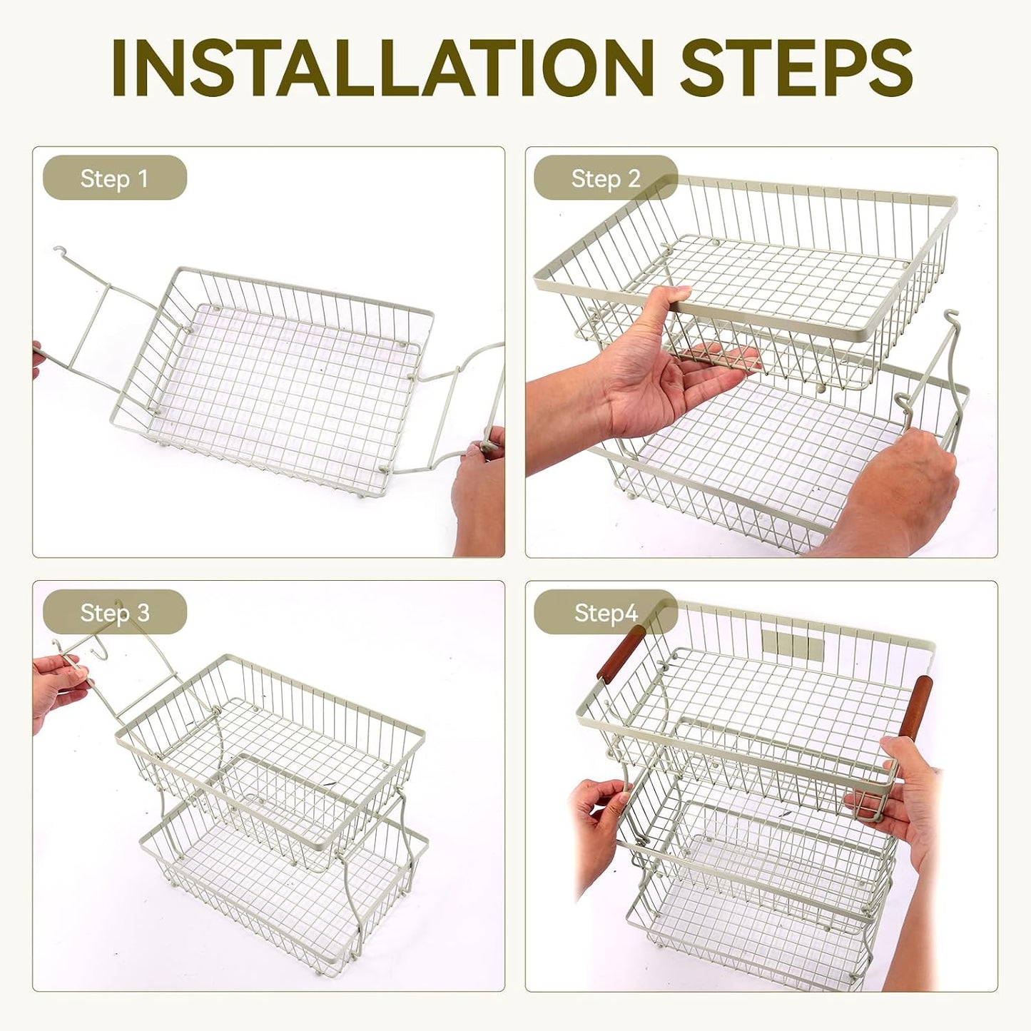 2-Tier Stackable Wire Basket with 2 Banana Hooks, Pantry Organizer for Kitchen Countertops, Cabinets & Under-Sink Spaces; Ideal for Storing Snacks, Fruits, Veggies, Onions, Potatoes, & More,Black