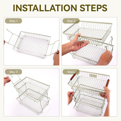 2-Tier Stackable Wire Basket with 2 Banana Hooks, Pantry Organizer for Kitchen Countertops, Cabinets & Under-Sink Spaces; Ideal for Storing Snacks, Fruits, Veggies, Onions, Potatoes, & More,Black