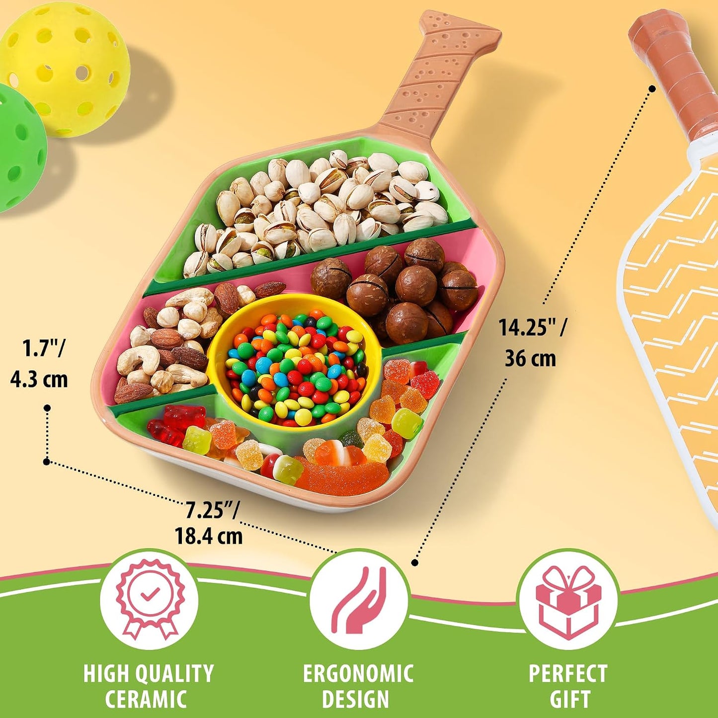 Pickleball Paddle Snack Tray - Cool Pickleballs Serving Tray for Snack - Paddle-Shaped Serving Tray with Compartments - Unique Divided Snack Trays for Pickleball Fans