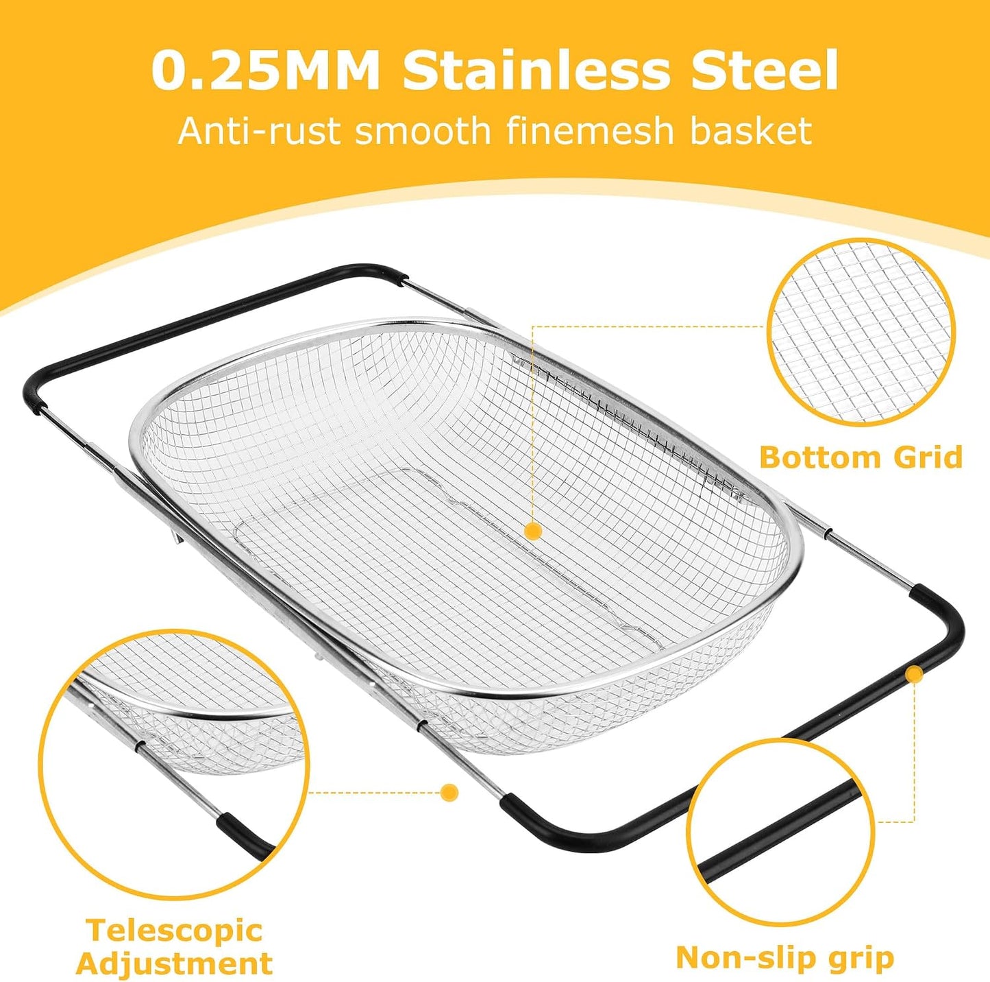 ZDRongZhen Kitchen Accessories Over the Sink Colander Strainer Basket，Stainless Steel Colander with Expandable Rubber Grip Sink Drainer-Rinse Vegetables Fruits &Strain&Drain (Large-Fine mesh)