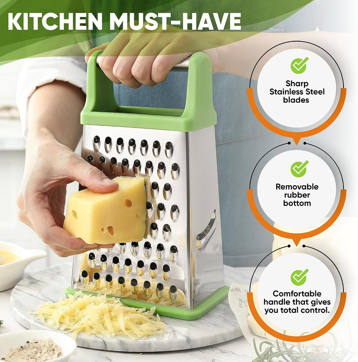 Spring Chef Stainless Steel XL Cheese Grater for Kitchen, Green