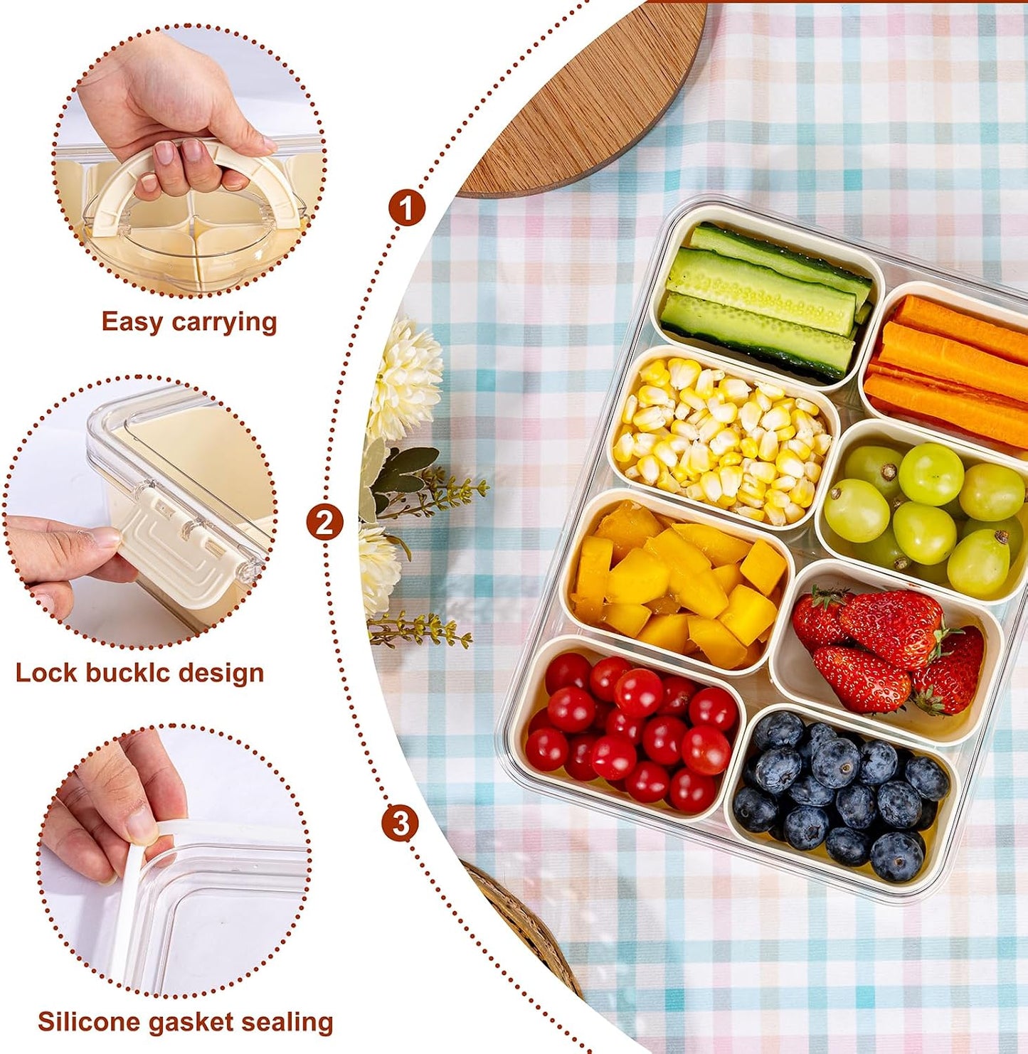 U-QE Dishwasher Safe Snackle Box Container with 8 Small Snacks Box - Premium Ivory Plastic Divided Serving Tray with Lid and Handle for Snack, Veggie, Fruits, Perfect for Party, Picnic, Entertaining