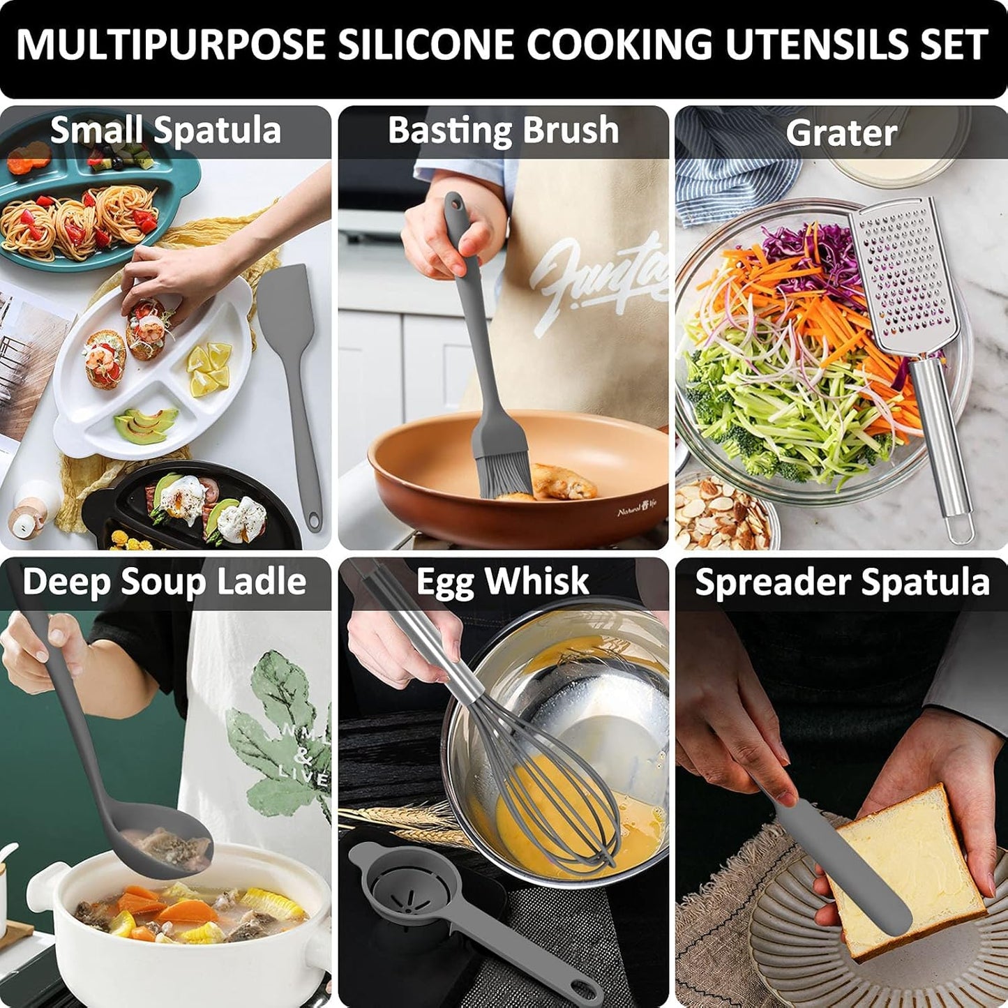 Silicone Kitchen Utensils Set, 16-Piece Silicone Cooking Utensils by Deedro, Heat Resistant Kitchen Tools Set with Holder, Nonstick Spatula Kitchen Gadgets for Cooking & Baking, Colorful