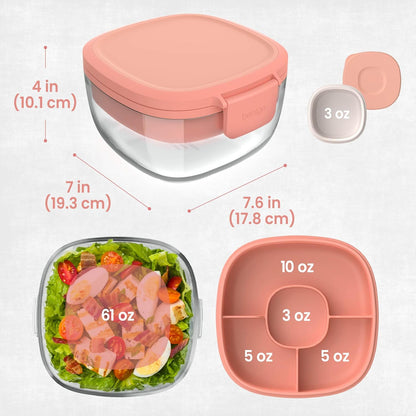 Bentgo Glass Salad Container - 7.6-Cup Salad Bowl with Airtight Lid, Leak-Proof Sauce Container, 4-Compartment Bento Tray & Reusable Fork - BPA-Free for Meal Prep, Office & More (Light Blue)