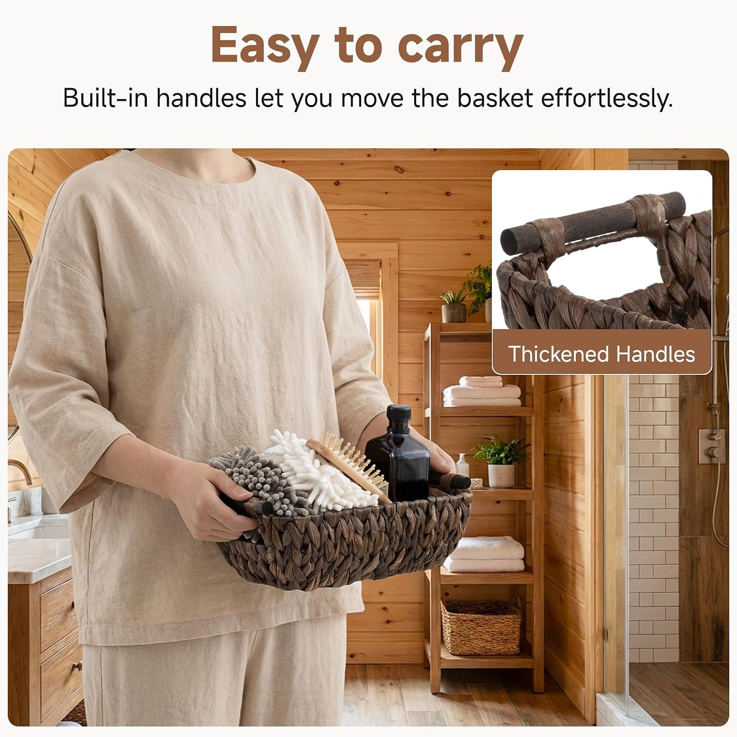 StorageWorks Hand-Woven Storage Baskets with Wooden Handles, Water Hyacinth Wicker Baskets for Organizing, 2 Pack