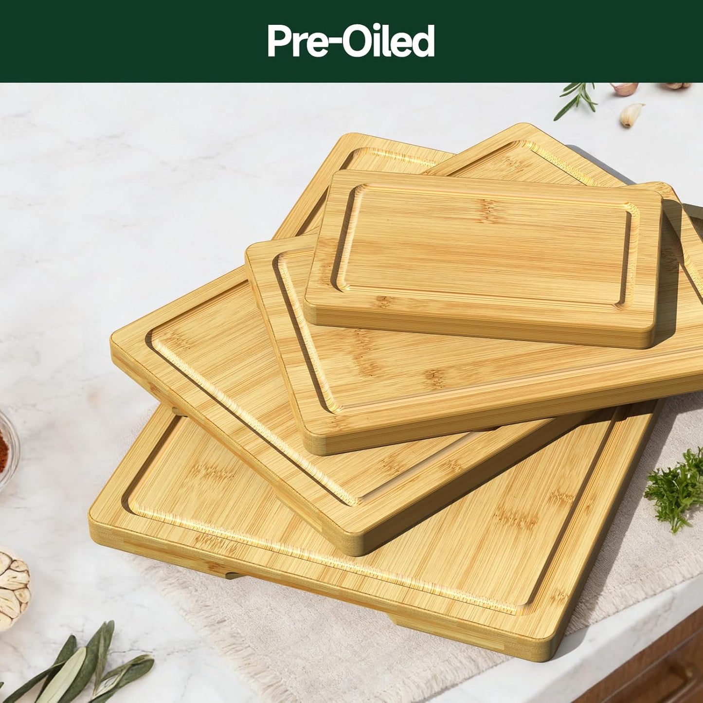 3-Piece Set Bamboo Cutting Board for Kitchen - Crack-Resistant Wood Chopping Boards with Deep Juice Grooves, Pre-Oiled Butcher Block for Meat, Vegetables & Cheese, Carbonized