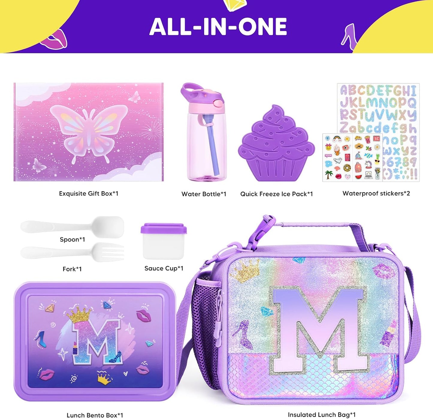 JYPS Lunch Box for Girls-Insulated Lunch Bag,Kids Bento Box with 6 Compartment,Water Bottle,Ice Pack,Salad Container,Perfect Lunch Container for Kids and Toddlers Back to School Age 7-15(Purple M)