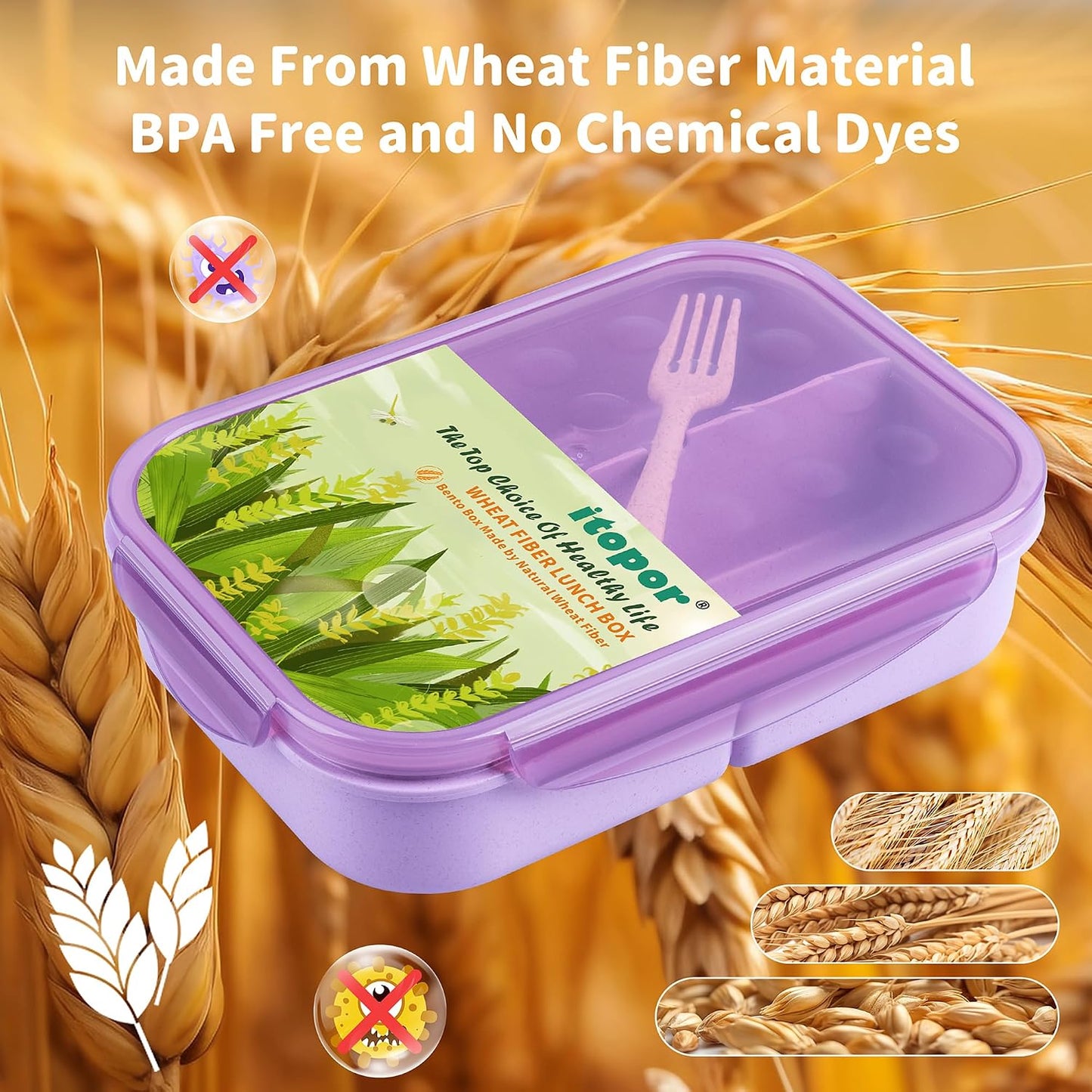 Itopor Classic Wheat Straw Bento Box, Leak-Proof 3-Compartment Lunch Box for Adults & Older Kids, BPA-Free Meal Prep Food Container with Fork, Microwave & Dishwasher Safe, 5.5 Cup, Sage Green