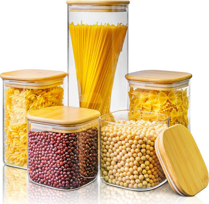 Extra Large Square Glass Flour & Sugar Storage Containers with Airtight Lids, 168 floz - 2 Pack Glass Jars with Bamboo Lids for Pantry, Air tight Food Storage Containers for Cereal, Pasta, Rice