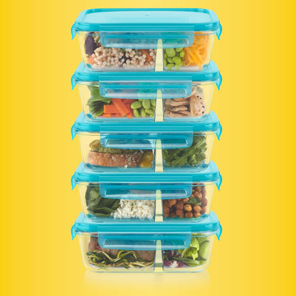 Pyrex Glass Meal Box (5-Pack, 2.3 Cup) Divided Compartments with Locking Lids, For Meal Prepping and Portioning, BPA Free Microwave Dishwasher Safe