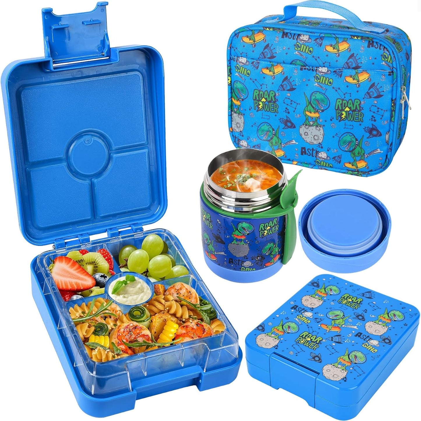 Pawtong Bento Lunch Box Set With 10oz Soup Thermo, Leak-proof Lunch Containers with 4 Compartment, Kids Hot Thermo Food Jar/Insulation Lunch Bag, Food Containers for School（Dinosaur）