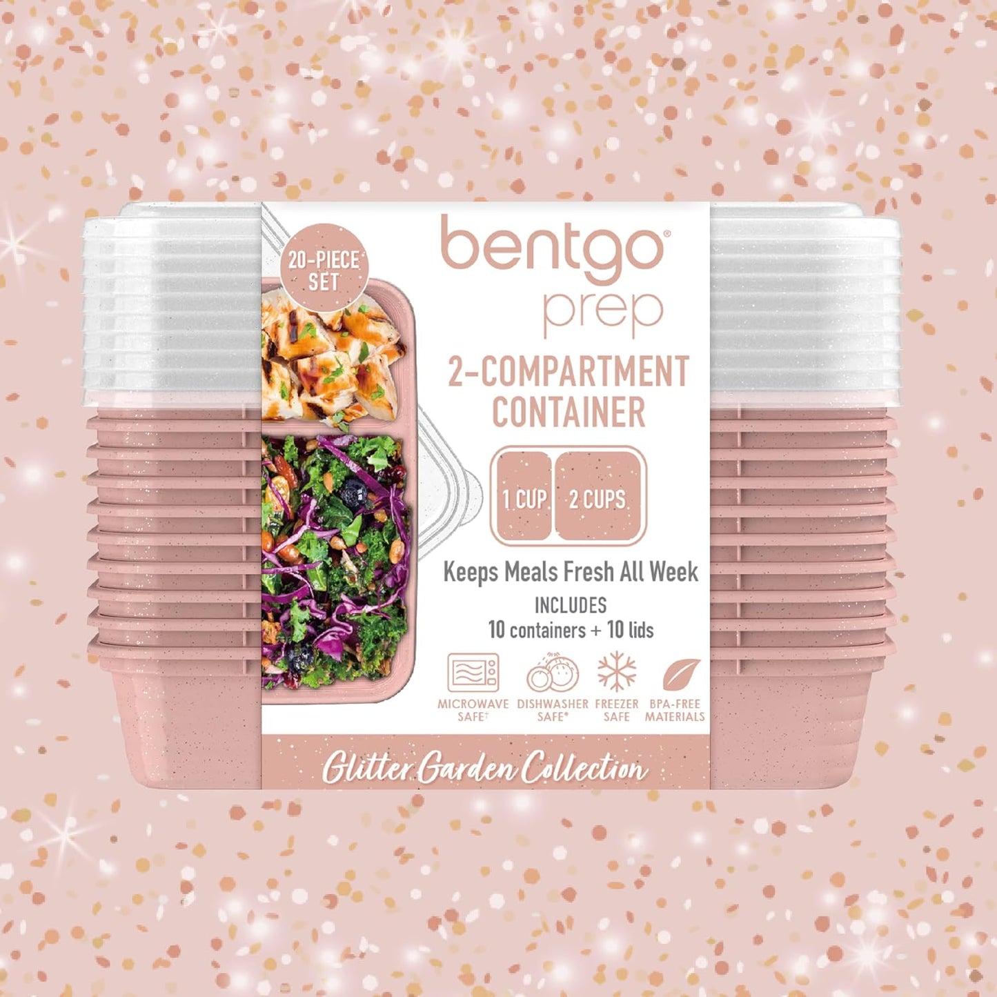 Bentgo Prep - 20-Piece 2-Compartment Reusable Meal Prep Containers with Lids, PFAS & BPA Free Materials, Durable, Microwave, Freezer, & Dishwasher Safe To Go Food Storage (Rose Gold)