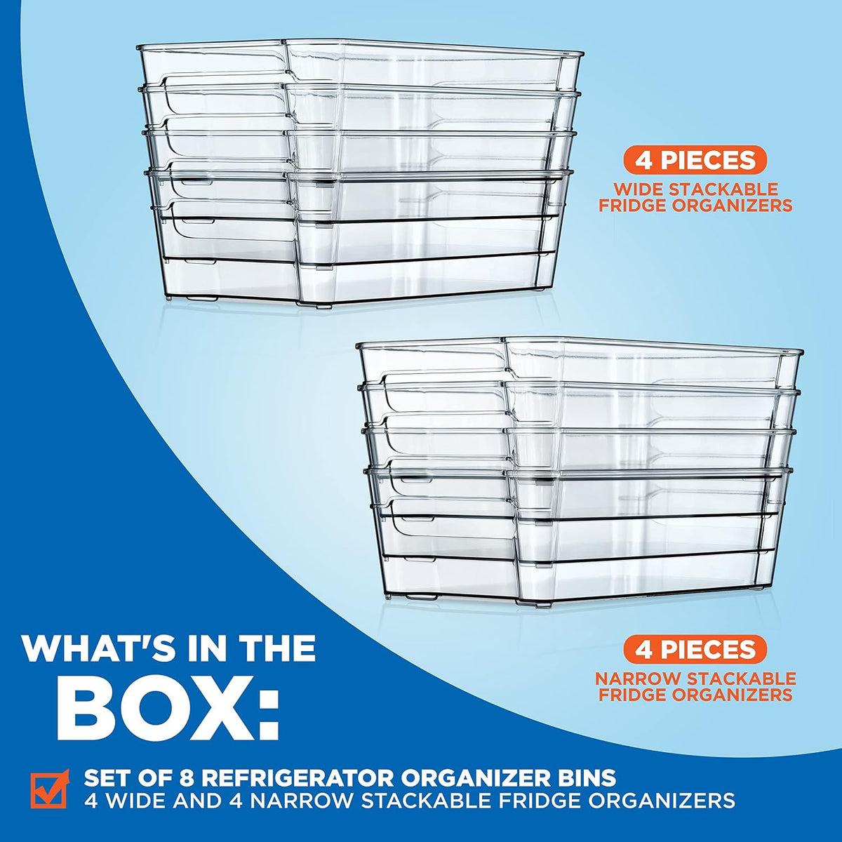 NutriChef Refrigerator Organizer Bins 6-Piece - Plastic Storage Bins with Egg Holder - For Fridge, Freezer, Kitchen, Cabinet, Countertops, Pantry - Stackable Food & Drink Containers, 14.5"x7" - Clear