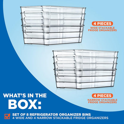 NutriChef Refrigerator Organizer Bins 6-Piece - Plastic Storage Bins with Egg Holder - For Fridge, Freezer, Kitchen, Cabinet, Countertops, Pantry - Stackable Food & Drink Containers, 14.5"x7" - Clear