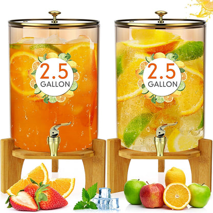 Honeydak 2 Pack 2 Gallon Each Amber Glass Drink Dispensers with Spigot, Gold Accent, Beverage Dispensers with Stand for Lemonade Juice Water Iced Tea Cocktails