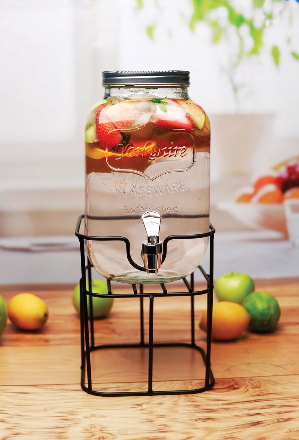 Circleware Sun Tea Mini Mason Jar Glass Beverage Dispenser with Lid, Glassware For Water, Juice, Beer, Wine, Liquor, Kombucha Iced Punch & Cold Drinks, Classic Yorkshire 1 Gallon with Stand