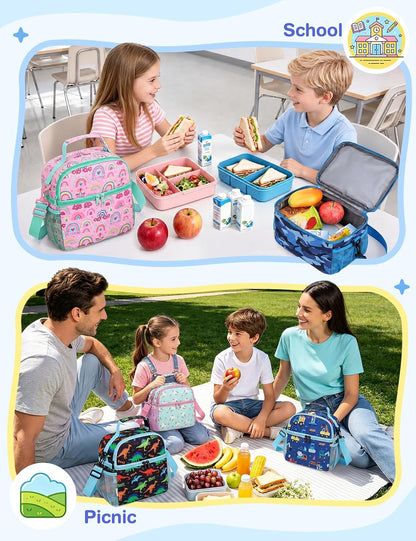 VASCHY Lunch Box Bag for Kids, Insulated Double Compartments Cooler Lunch Tote for Toddlers Boys Girls School/Daycare/Picnic Black Dinos