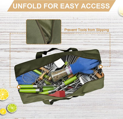 Grill Tools Storage Bag, BBQ Utensil Holder with Pockets, Grill Storage Container for Outdoor Camping & Hiking BBQ, for Barbecue Tool up to 22", Gift for Men, Green