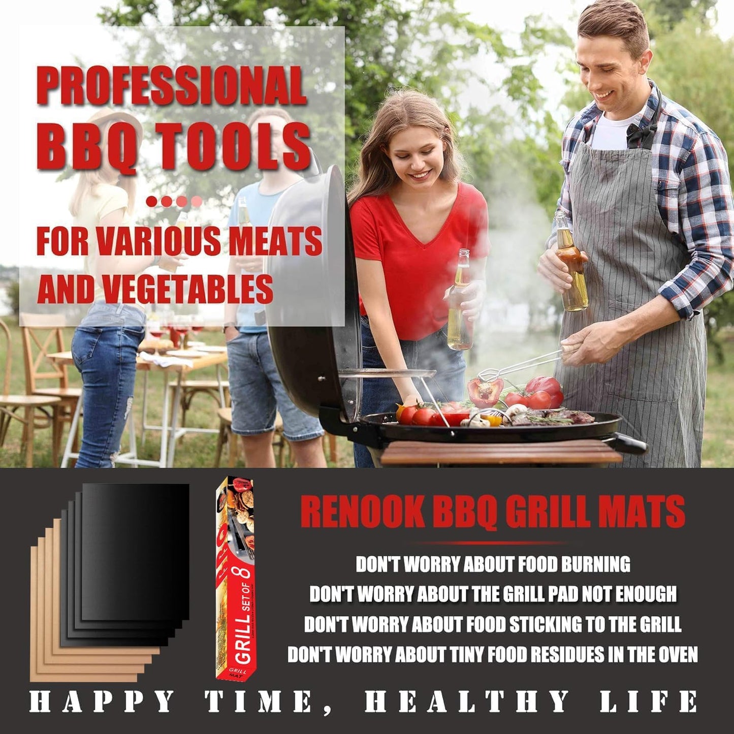Grill Mat Set of 6-100% Non-Stick Reusable Mats for Gas, Charcoal or Electric Grills - Easy to Clean - 15.75 x 13-Inch, Black