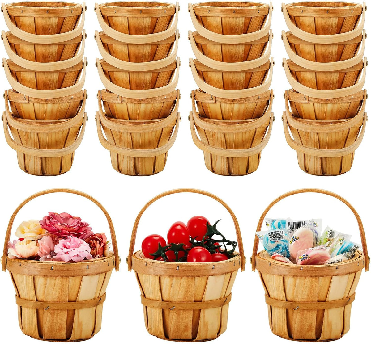 Marsui 15 Pcs Small Wooden Berry Baskets – 4 x 5.1 Inch Handcrafted Beach Baskets with Reinforced Handles, for Fruit, Market, Crafts, Gifts, Garden Picking & Decor (Brown)