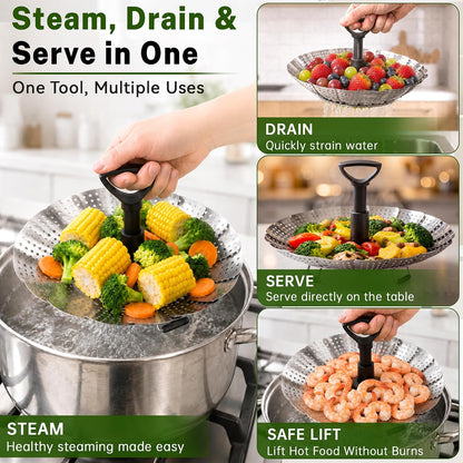 Steamer Basket for Pot, Stainless Steel Vegetable Steamer Basket for Cooking with Folding Expandable Design and Extendable Handle, Fits Various Size Pots, 5.1–9 Inch