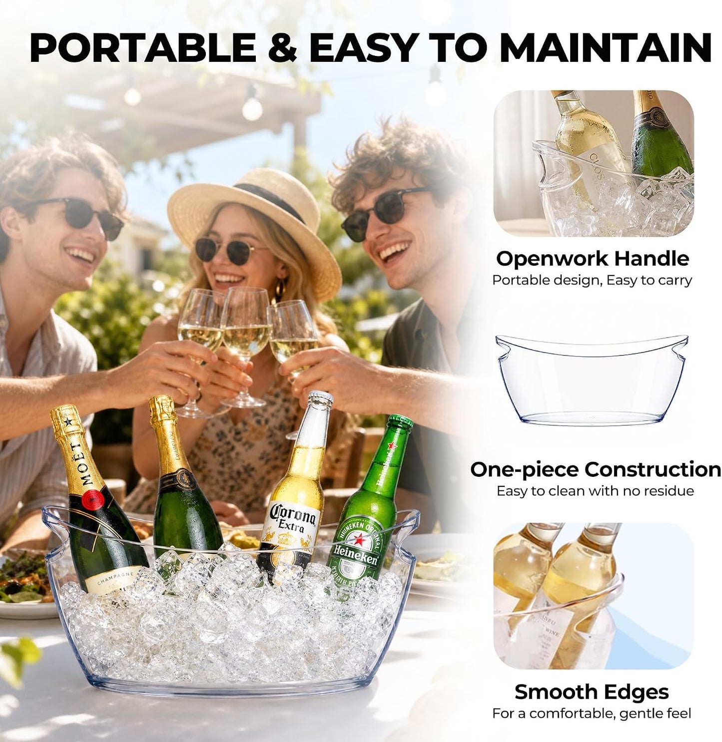 Ice Buckets for Parties,3 Packs 16.5In Large Drink Champagne Bucket with Handle & 3 Pcs Scoops,Plastic Cooler Buckets