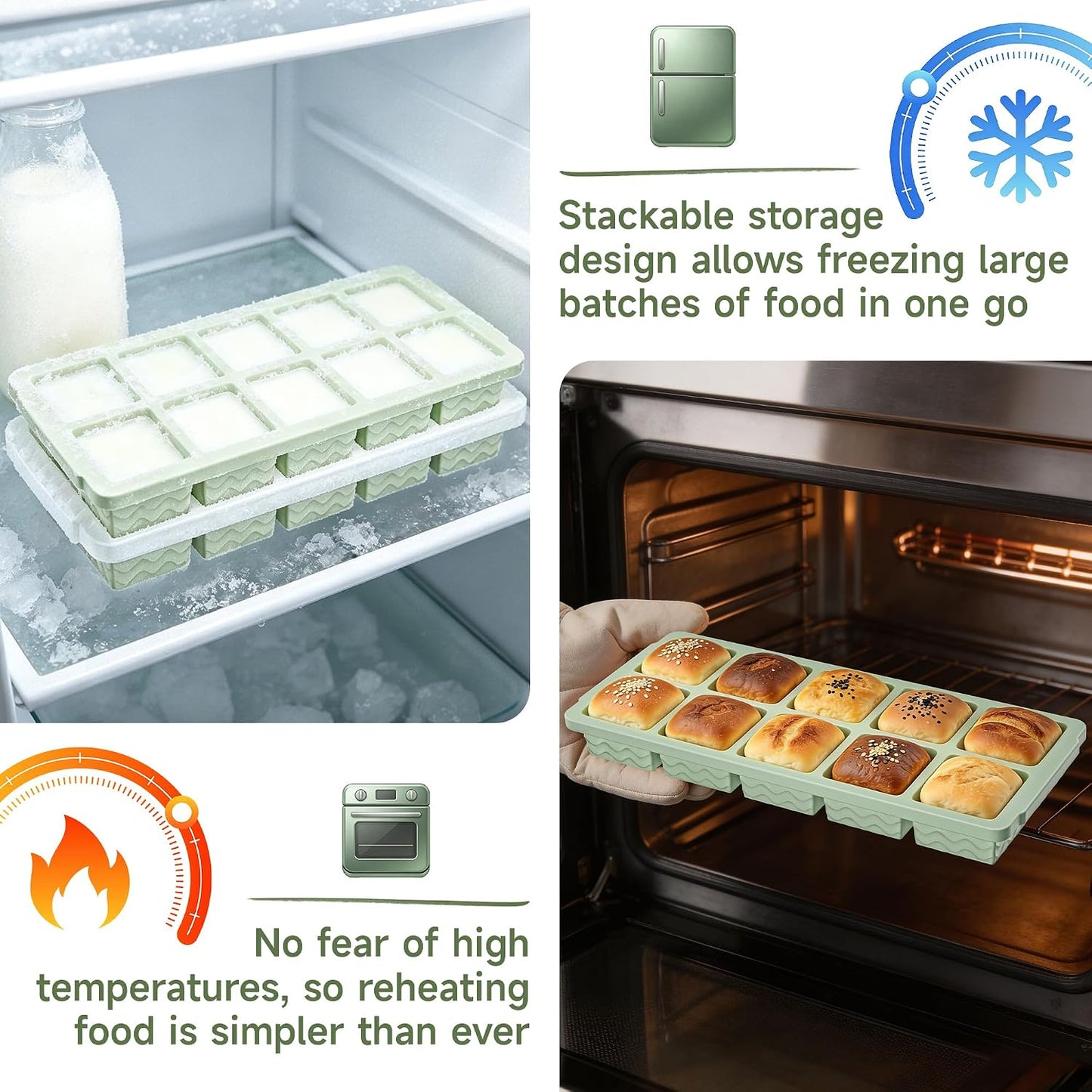Silicone Freezer Trays with Lid for Soup, 1-Cup & 2-Cup Large Ice Cube Molds Food Storage Containers for Meal Prep, Freeze 500mL/250mL/125mL Portions – 2 Pack
