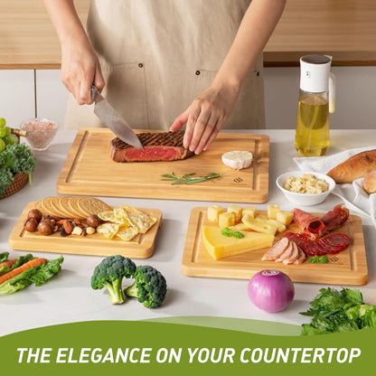 3 Packs Bamboo Cutting Board Set with Non Slip Feet and Over Sink Nice Solid Thick Wood Juice Groove Chopping Board Extra Large Big Small Best Hardwood Kitchen Counter Organic Vegetable