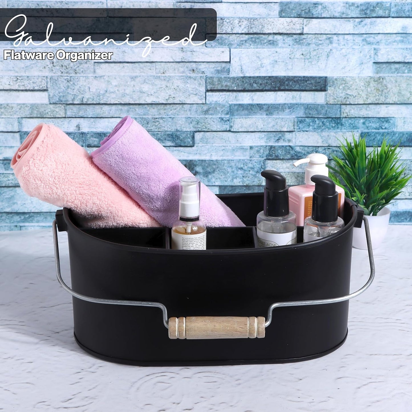 Alpha Living Home Galvanized Metal Utensil Caddy - Rustic Farmhouse Organizer Metal Garden Caddy with 4 Compartments and Wooden Handle for Kitchen, Buffet & Outdoor Events (Silver)
