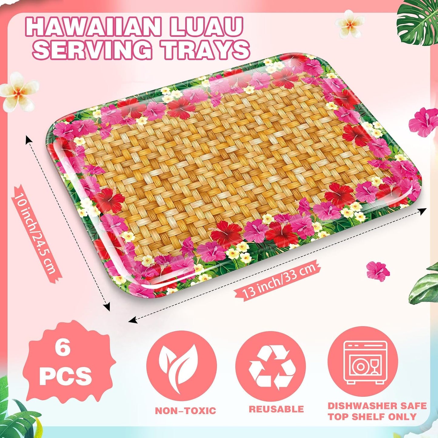 Rtteri 6 Pcs Hawaiian Luau Party Serving Trays 13" x 10" Reusable Plastic Tropical Melamine Dishes for Hawaii Luau Party Summer Platters Tableware Decoration