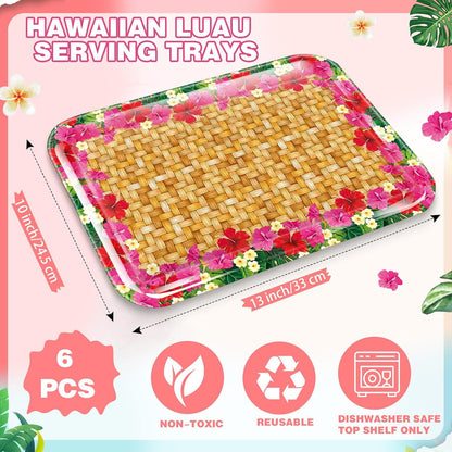 Rtteri 6 Pcs Hawaiian Luau Party Serving Trays 13" x 10" Reusable Plastic Tropical Melamine Dishes for Hawaii Luau Party Summer Platters Tableware Decoration