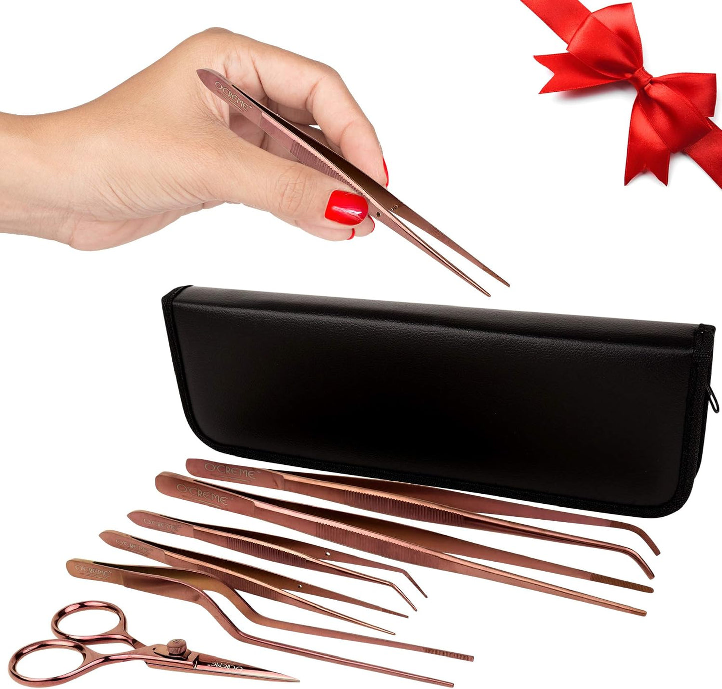 O'Creme Set of Culinary Tweezer Tongs Offset, Straight and Curved, Plus Super Sharp Chef Scissors, Total 6 Pieces (Rose Gold)