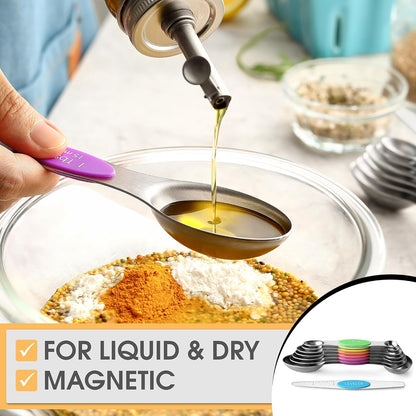 Spring Chef Stainless Steel Magnetic Measuring Spoons Set with Strong N45 Magnets, Heavy Duty Metal Kitchen Gadgets for Baking & Cooking, Fits in Most Kitchen Spice Jars, Set of 8 with Leveler, Black