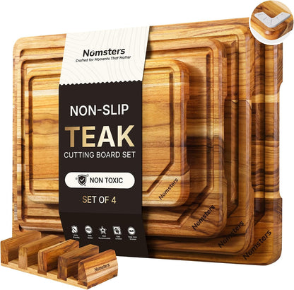 3 Pack Teak Wood Cutting Board Set with Holder Non Slip Over Sink Wooden Chopping Board for Fresh Meat Vegetable Thick Haus Perfect for Charcuterie Juice Groove Kitchen Accessories - FSC Certified