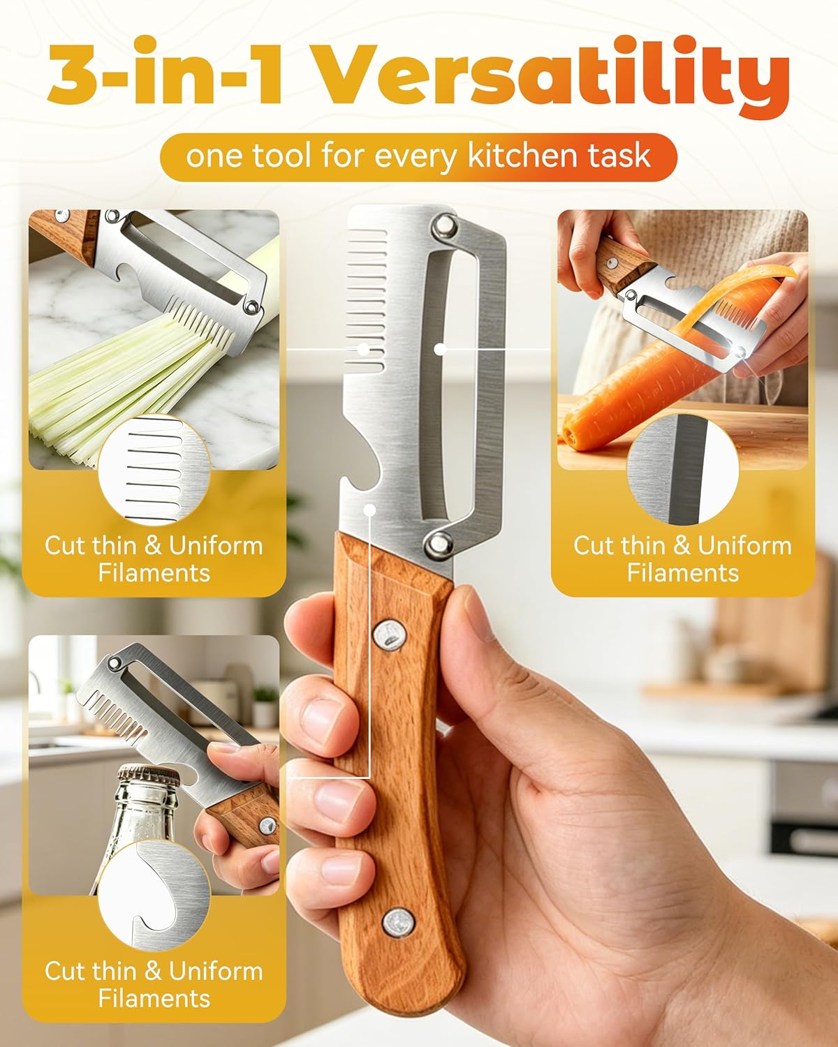 Shredder - 3-in-1 Multifunctional Vegetable Peeler with Bottle Opener & Julienne Shredder, Wide Stainless Steel Blade and Non-slip Wooden Handle, Peeler Knife for Fruits, Vegetables (1pcs)