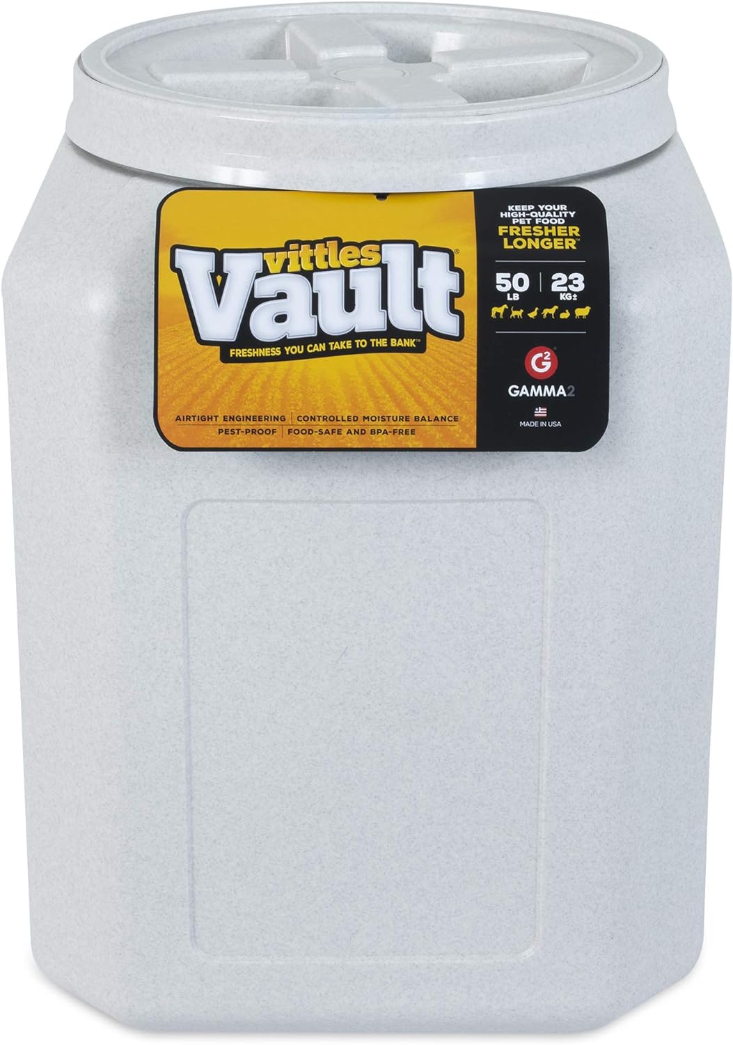 Vittles Vault Traditional Pet Food Storage Container For Dog Kibbles/Bird Seed/Oatmeal/Rice/Flour/Cereal, BPA Free Plastic, Sealed Airtight For Cat Food, Up To 50 lb, Made in USA, With Scoop, Gray