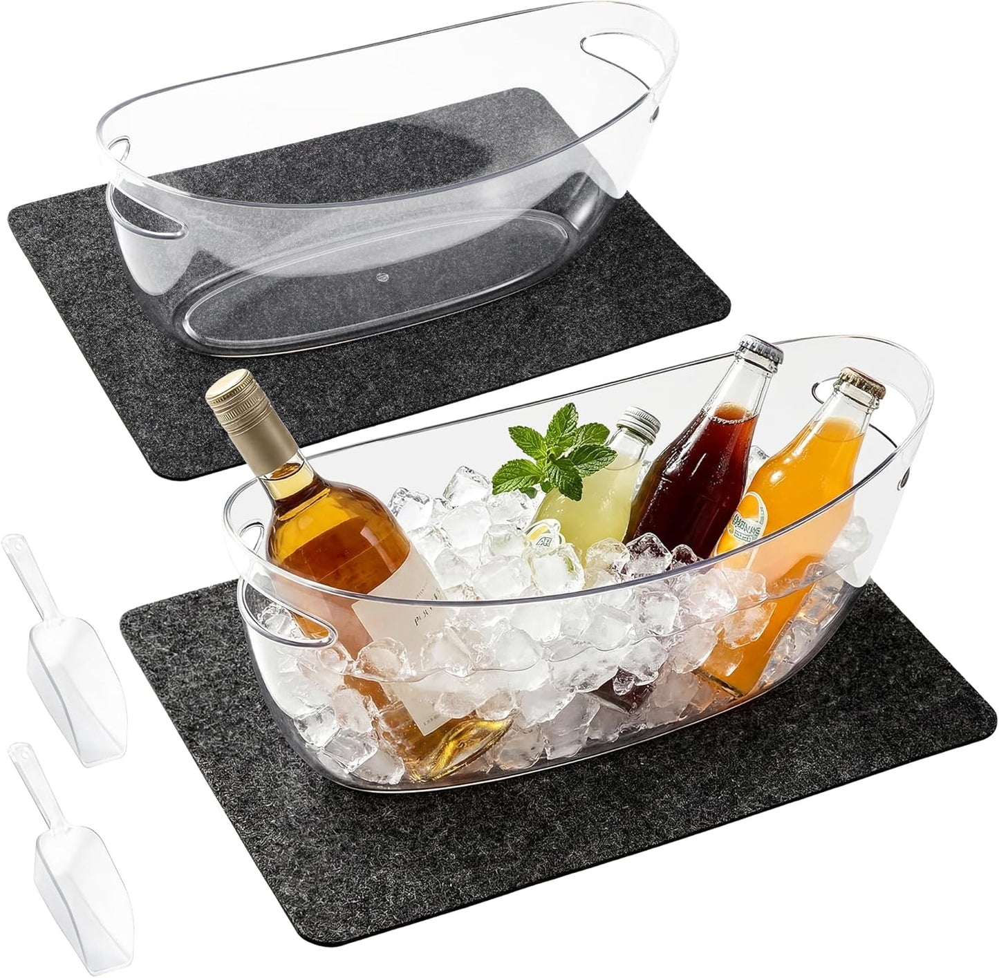 Kochorie 2 Pack Ice Buckets for Parties 5.5L Large Clear Acrylic Beverage Tubs with 2 Scoops 2 Felt Mats, Champagne Buckets Tub for Beer Drinks Mimosa Cocktail Bar Supplies Outdoor Events
