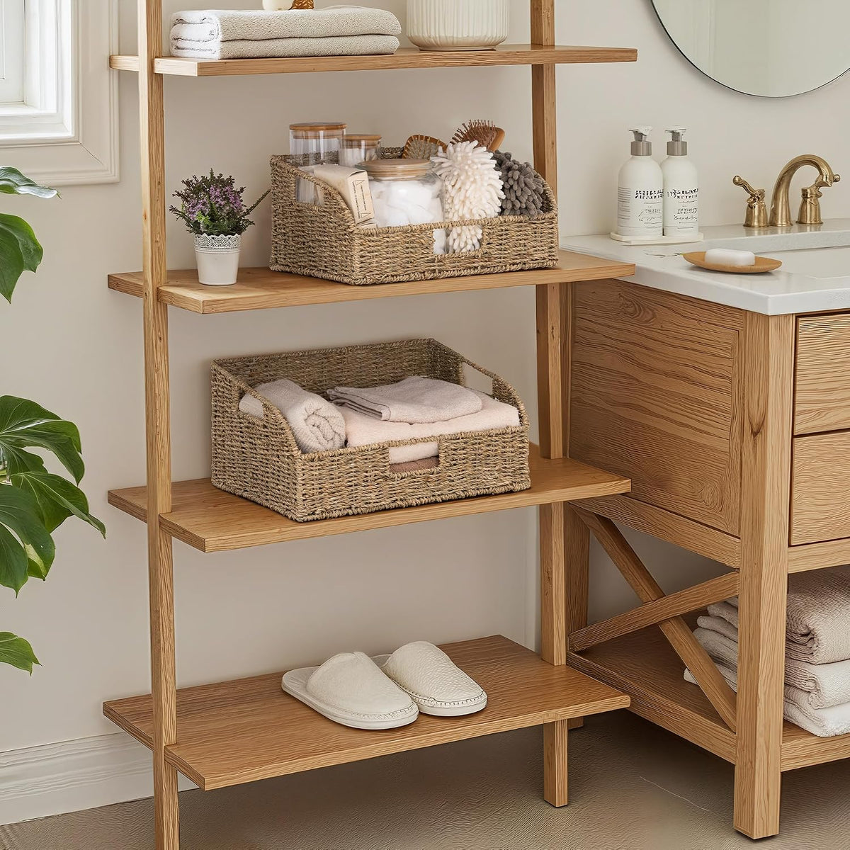StorageWorks Water Hyacinth Pantry Storage Baskets, Wicker Baskets with Built-in Handles, Handwoven Shelf Baskets for Organizing, Pantry Organizers and Storage, 3 Pack