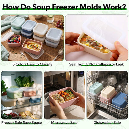 Blushtier 10 Pcs Silicone Freezer Molds with Lid Reusable Meal Prep Containers Silicone Soup Freezer Molds Food Preserving Ice Tray for Portion Control Soups Sauces Stews, 5 Colors(1 Cup, 1/2 Cup)
