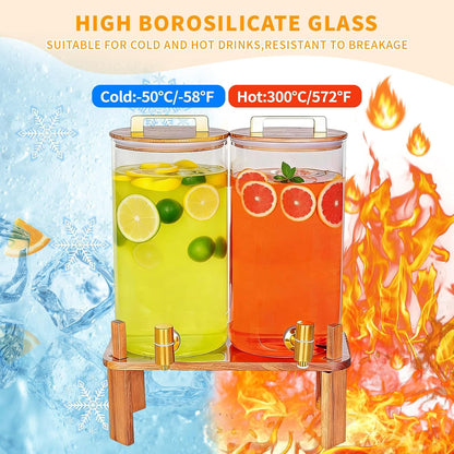 2 PACK 1.5 Gallon Glass Beverage Dispenser with Wooden Lid, Drink Dispenser with Wooden Stand, Lemonade Dispenser with Stainless Steel Leak-Proof Spigot for Parties, Weddings