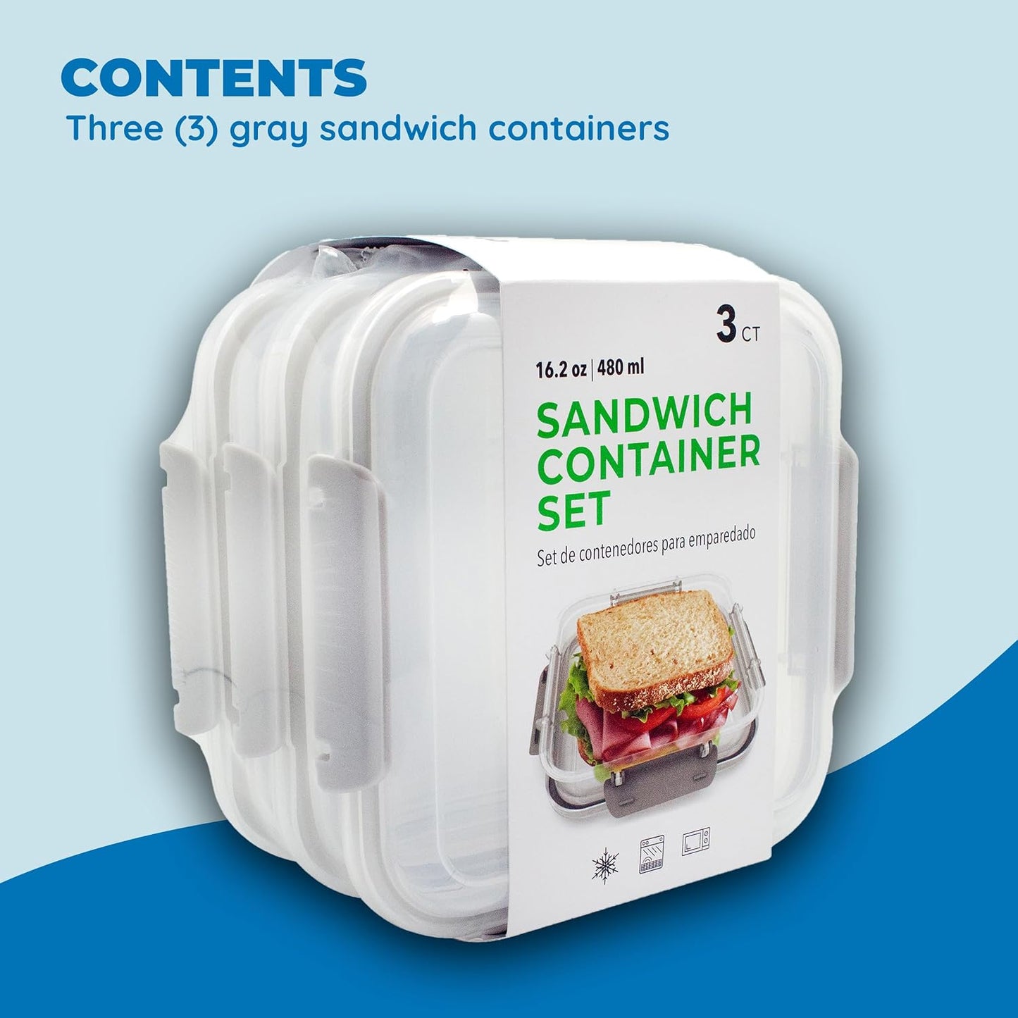 Biosmart Sandwich Container: 3 Pack Reusable, BPA Free Plastic Food Storage with Snap-Off, Leak-Proof Lid